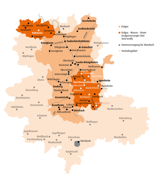 Karte des Versorgungs- und Vertriebsgebiets des Stadtwerks Tauberfranken. Darstellung der einzelnen Gemeinden mit farblicher Kennzeichnung der jeweiligen Versorgung: Erdgas, Strom, Wasser, kaufmännische und technische Betriebsführung sowie Sondergebiete wie Morsbach. Hervorgehobene Orte sind z. B. Bad Mergentheim, Lauda-Königshofen, Boxberg, Külsheim und Dörzbach.