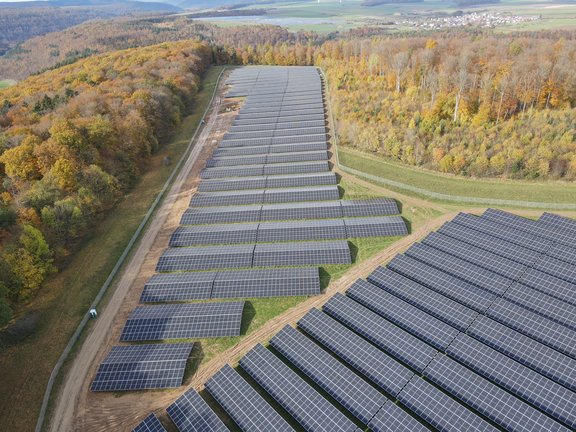 Solarpark Ost-/Westausrichtung Umgeben von einem Herbstlichen Wald mit Laubäumen sieht man PV-Module einer Freiflächenanlage mit Ost- Westausrichtung. Die Sonne scheint.