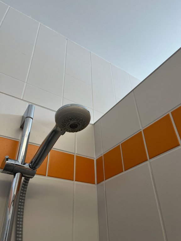 Energiesparen Nahaufnahme einer Dusche mit verchromtem Duschkopf, der an einer verstellbaren Halterung befestigt ist. Die Wände sind mit weißen Fliesen und einer dekorativen orangefarbenen Fliesenreihe versehen.
