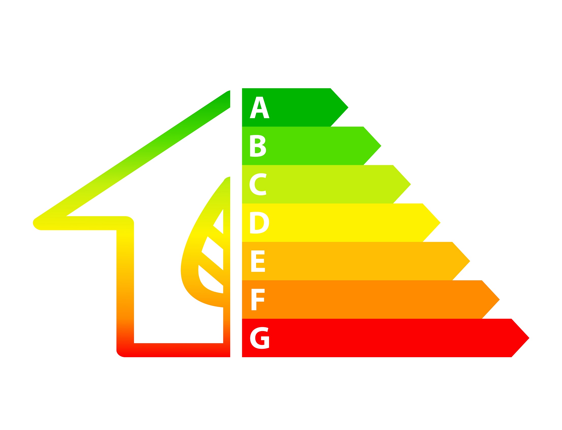 Energieeffizienzklassen Grafik in Form eines stilisierten Hauses mit Farbverlauf von Grün nach Rot, das eine Energieeffizienzskala darstellt. Die Skala reicht von A (sehr energieeffizient, grün) bis G (wenig effizient, rot). Im Inneren des Hauses befindet sich ein Blatt, das auf Nachhaltigkeit oder Umweltfreundlichkeit hinweist.
